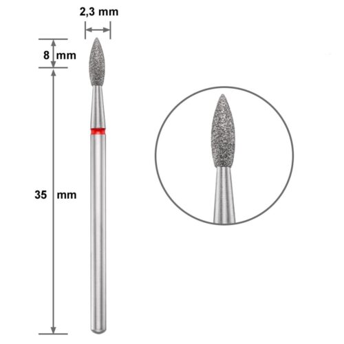 Punta de diamante, “Flama”, banda roja, con punta diametro 2.3 mm/ superficie de trabajo 8 mm